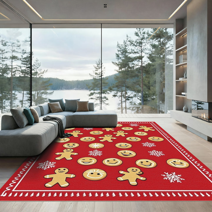 Festive Red Gingerbread Smile Snowflakes Rug