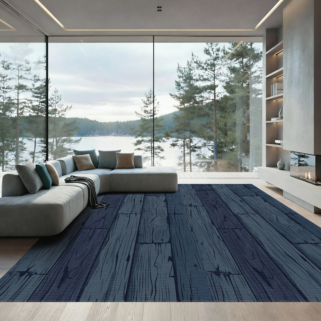 Deep Blue Rustic Wood Planks Rug