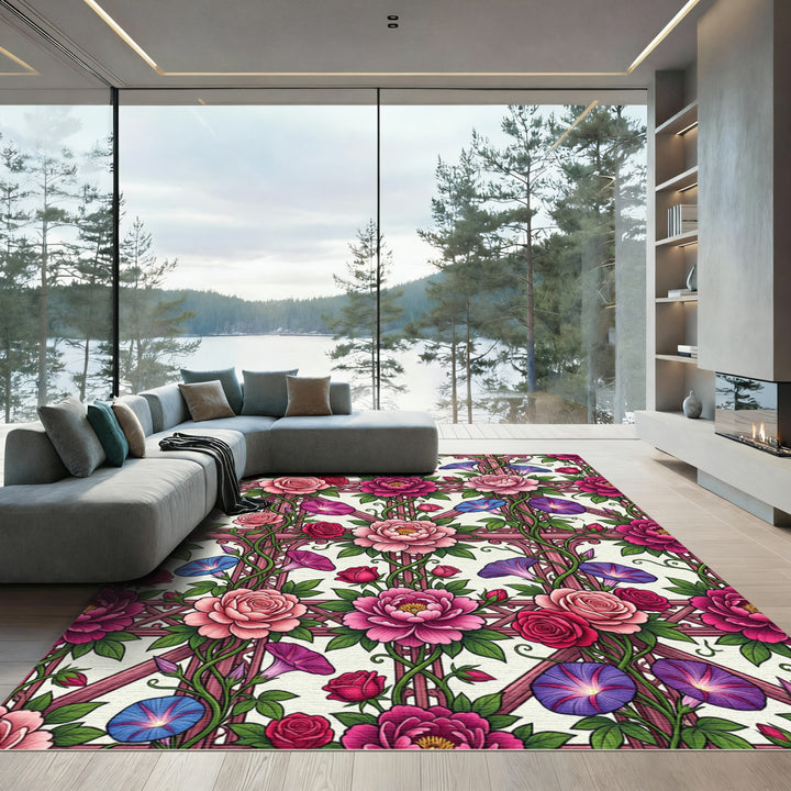 Pink Rose Morning Glory Trellis Rug