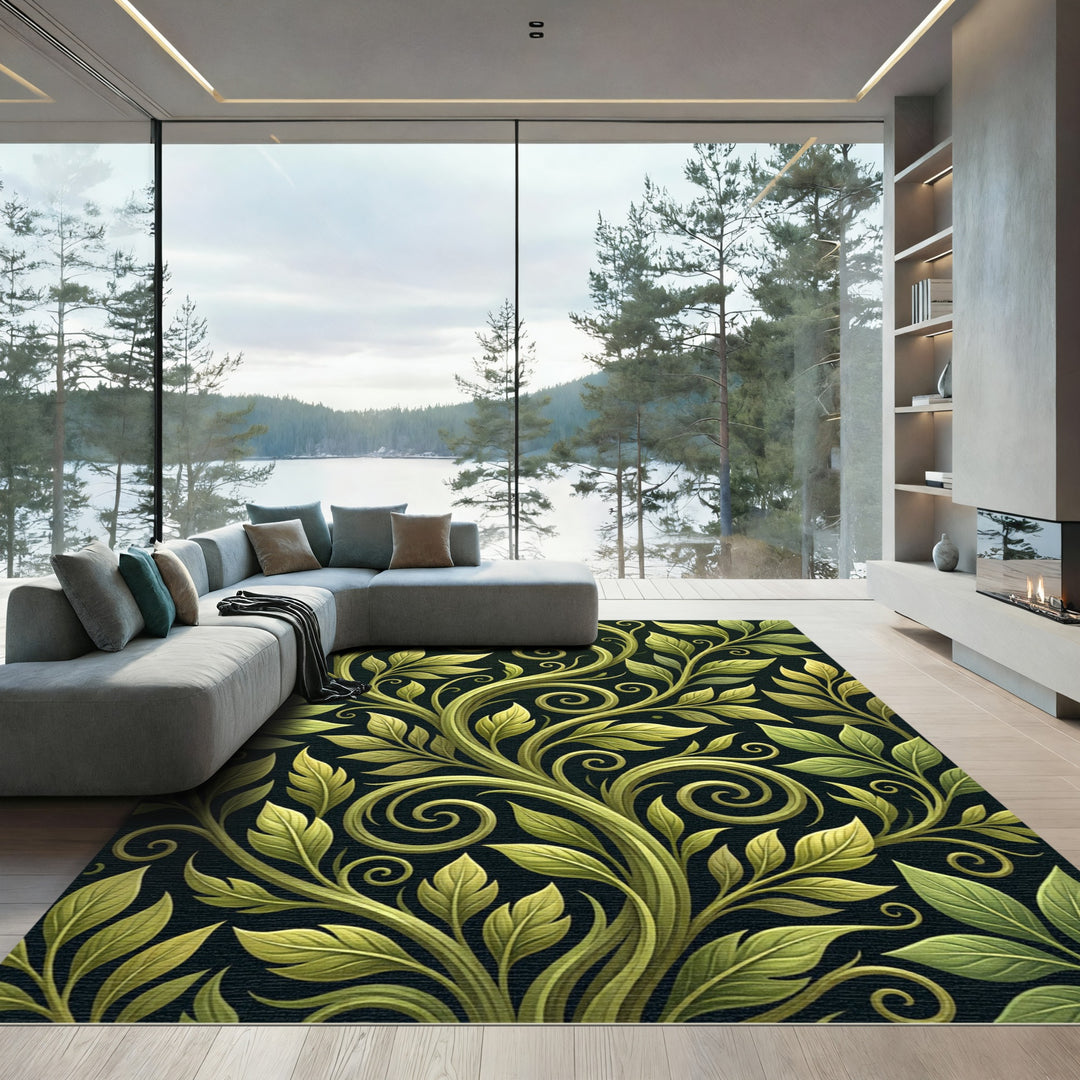 Elegant Green Leaf Swirl Rug