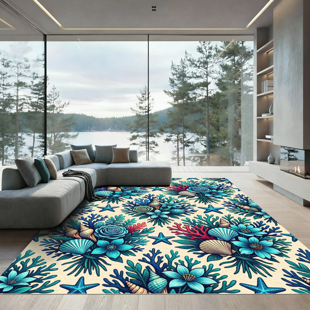 Oceanic Turquoise Coral Seashell Bouquet Rug