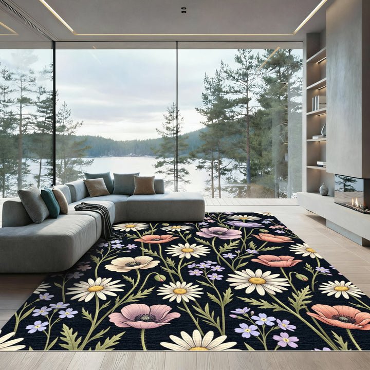 Vibrant Floral Collection Dark Background Rug