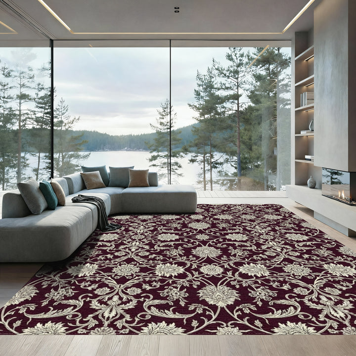Rich Burgundy Intricate Floral Scroll Rug