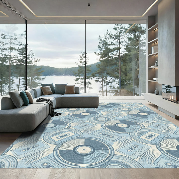Retro Blue Vinyl Cassette Collection Rug