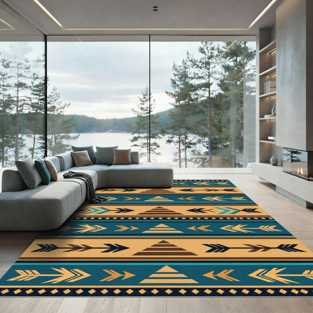 Tribal Arrows Teal Amber Geometric Rug
