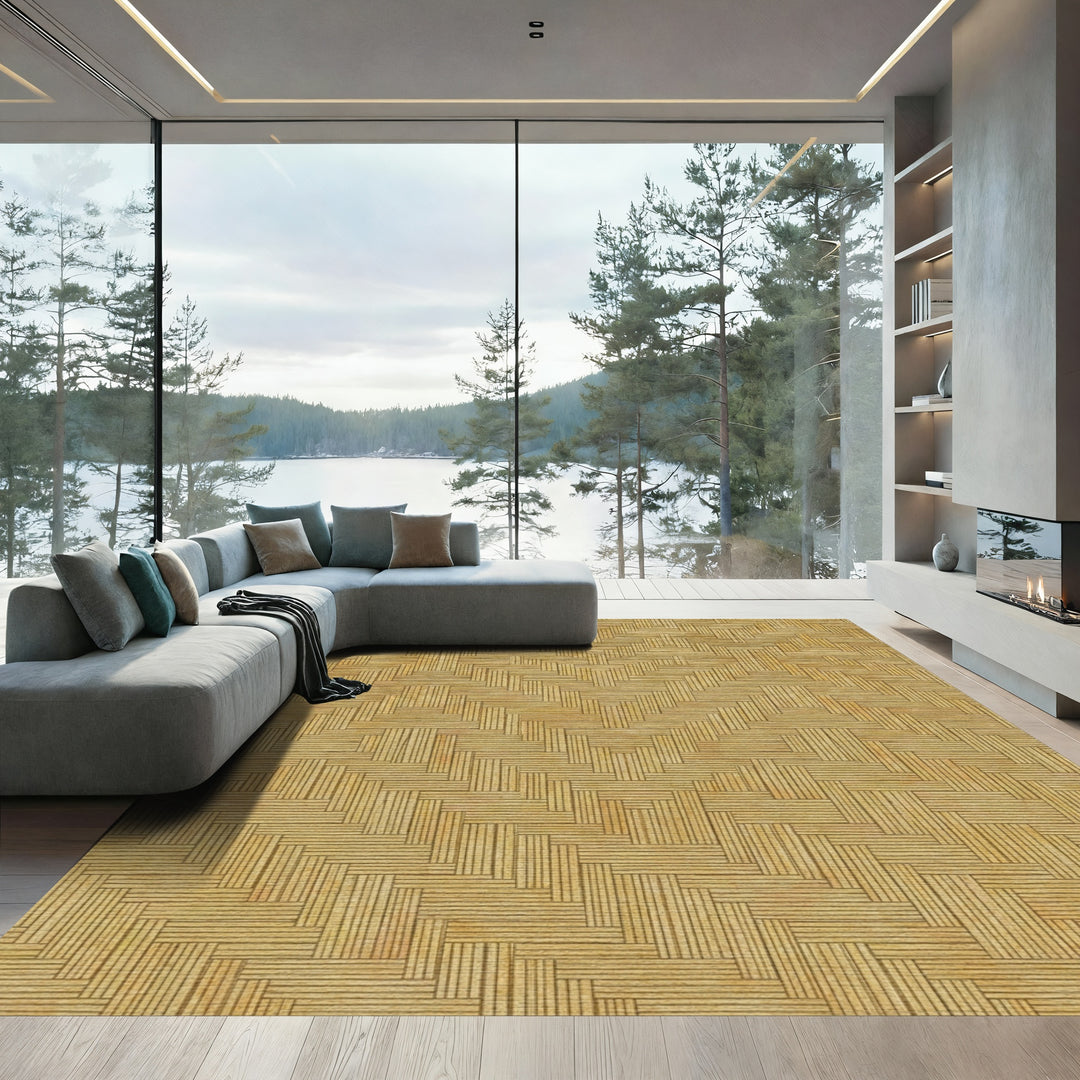 Woven Tan Geometric Basketweave Rug