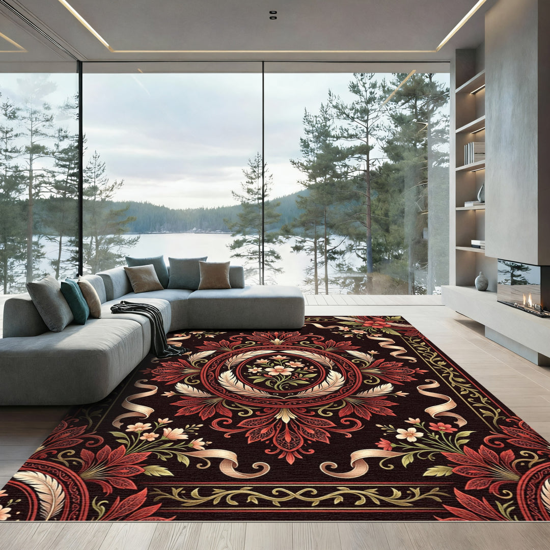 Rich Crimson Floral Feather Medallion Rug