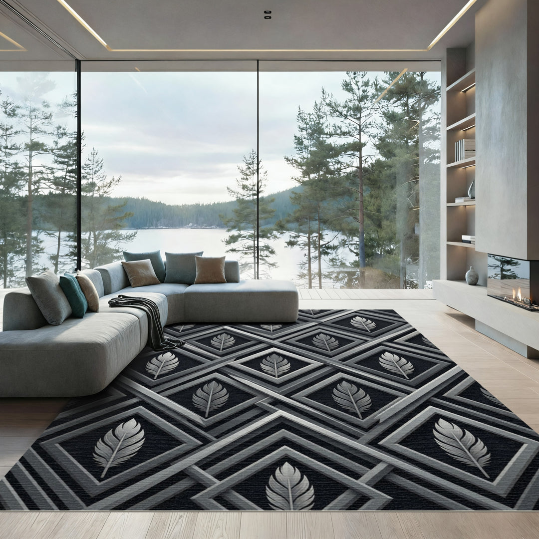 Art Deco Feather Geometric Silver Abstraction Rug