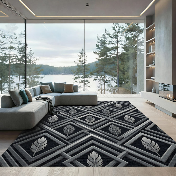 Art Deco Feather Geometric Silver Abstraction Rug