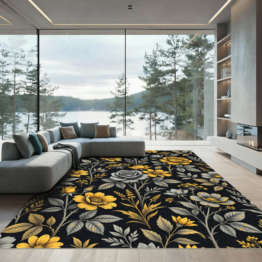 Earthy Yellow and Gray Floral Branches Rug