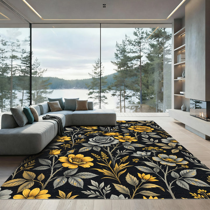 Earthy Yellow and Gray Floral Branches Rug