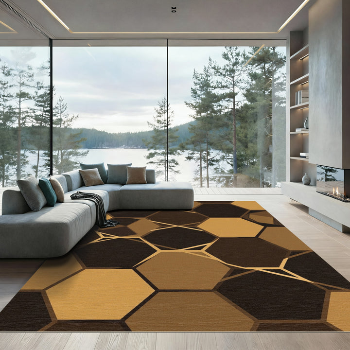 Brown Gold Hexagonal Tessellation Rug