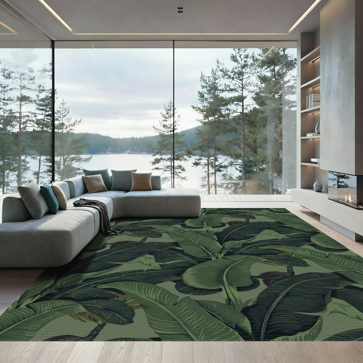 Deep Forest Green Tropical Banana Leaves Rug