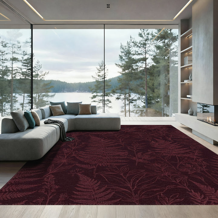 Deep Burgundy Fern Botanical Line Art Rug