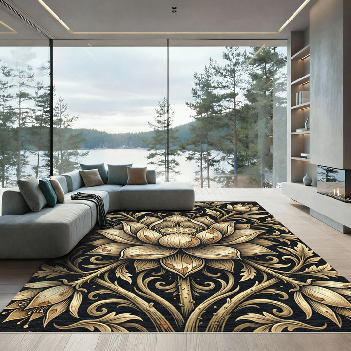 Golden Floral Art Nouveau Garland Rug
