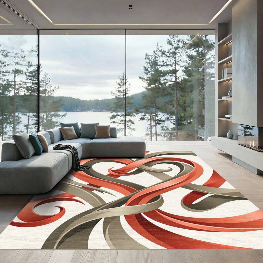 Elegant Coral Gray Ribbon Heart Rug