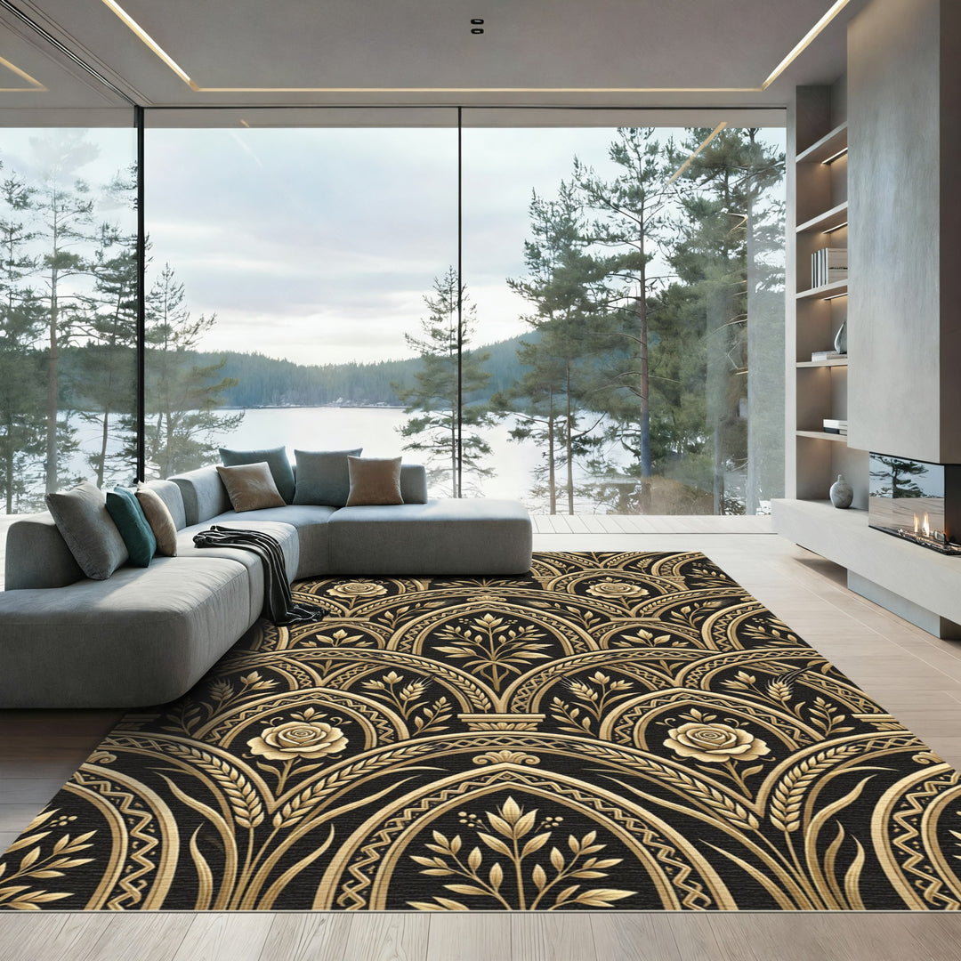 Ornate Gold Art Deco Rose Arabesque Rug