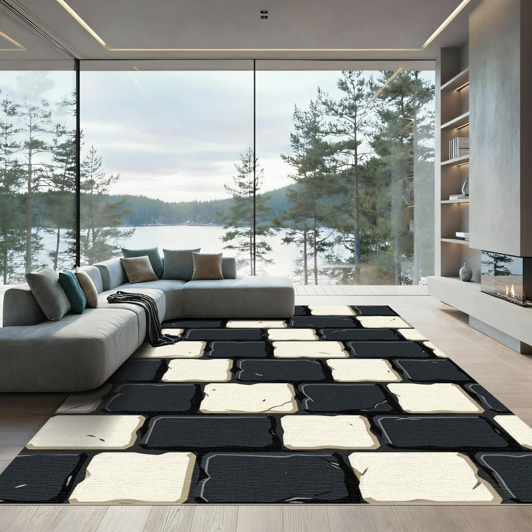 Black White Checkerboard Stone Texture Rug