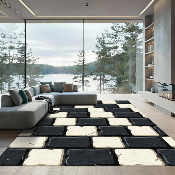 Black White Checkerboard Stone Texture Rug