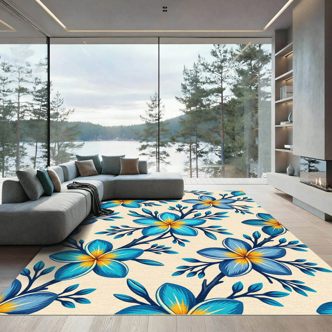 Tropical Blue Yellow Plumeria Floral Rug