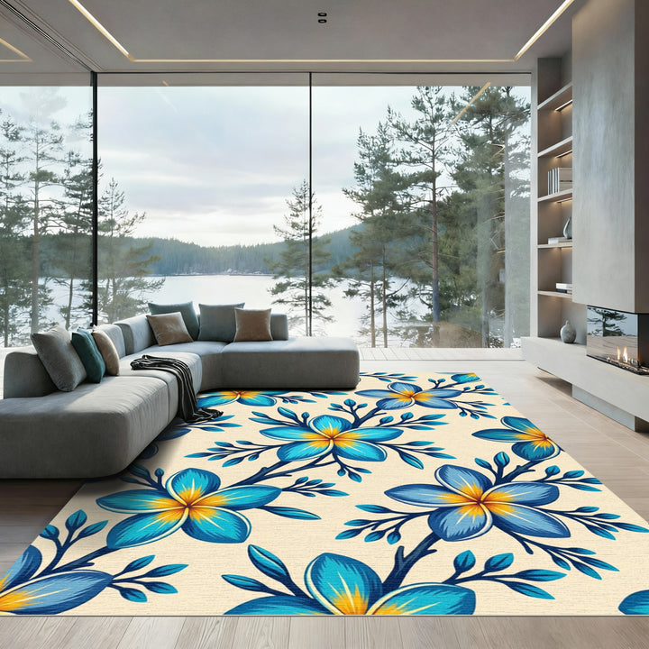 Tropical Blue Yellow Plumeria Floral Rug
