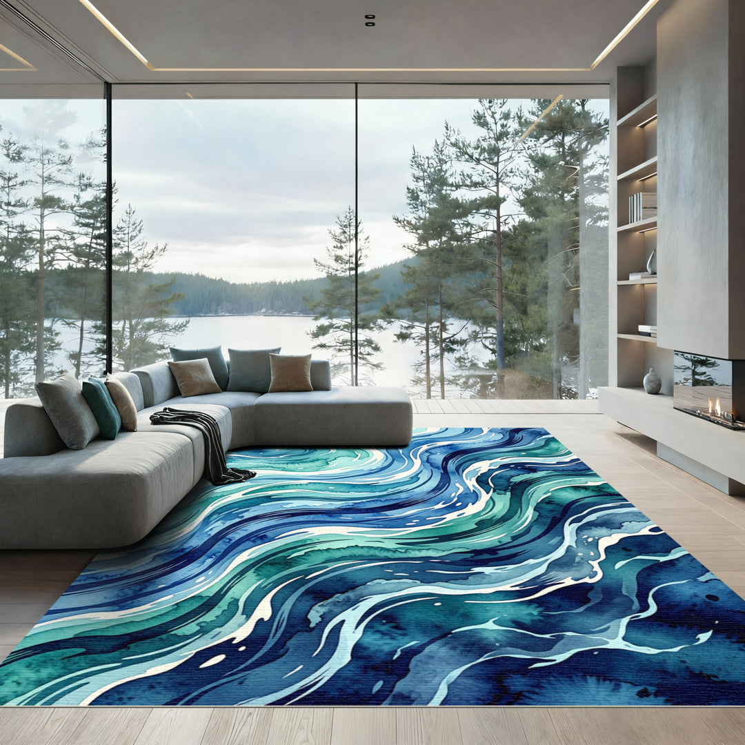 Deep Blue Aqua Swirling Waves Rug