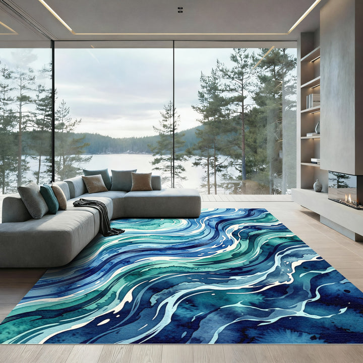 Deep Blue Aqua Swirling Waves Rug