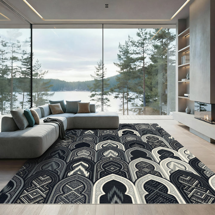 Monochrome Islamic Arch Window Rug