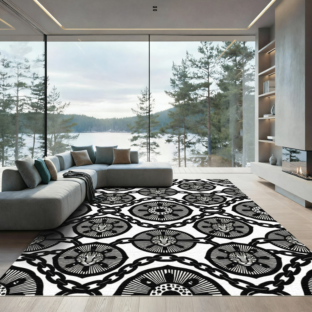 Leopard Medallion Chain Black White Rug