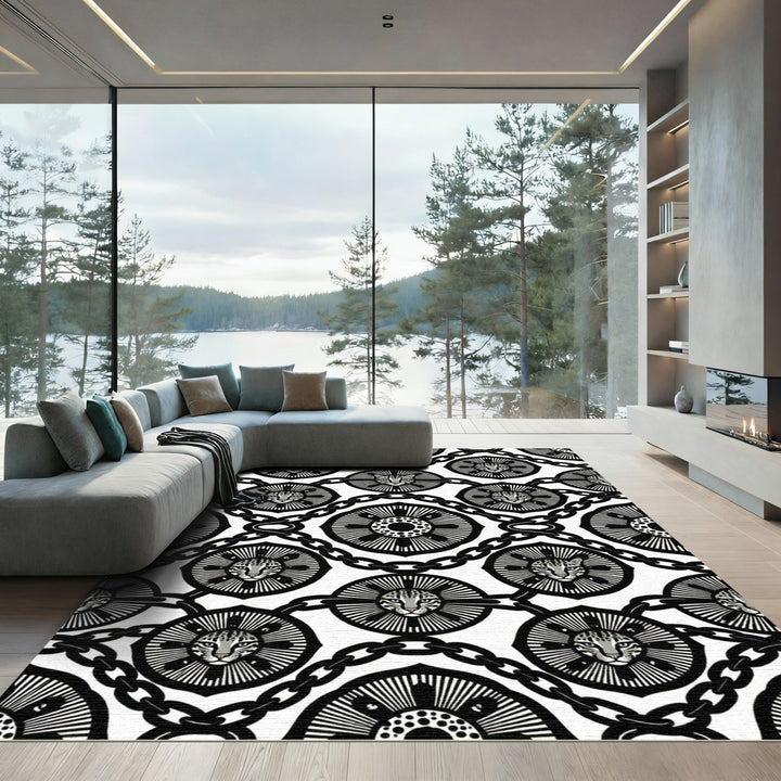 Leopard Medallion Chain Black White Rug