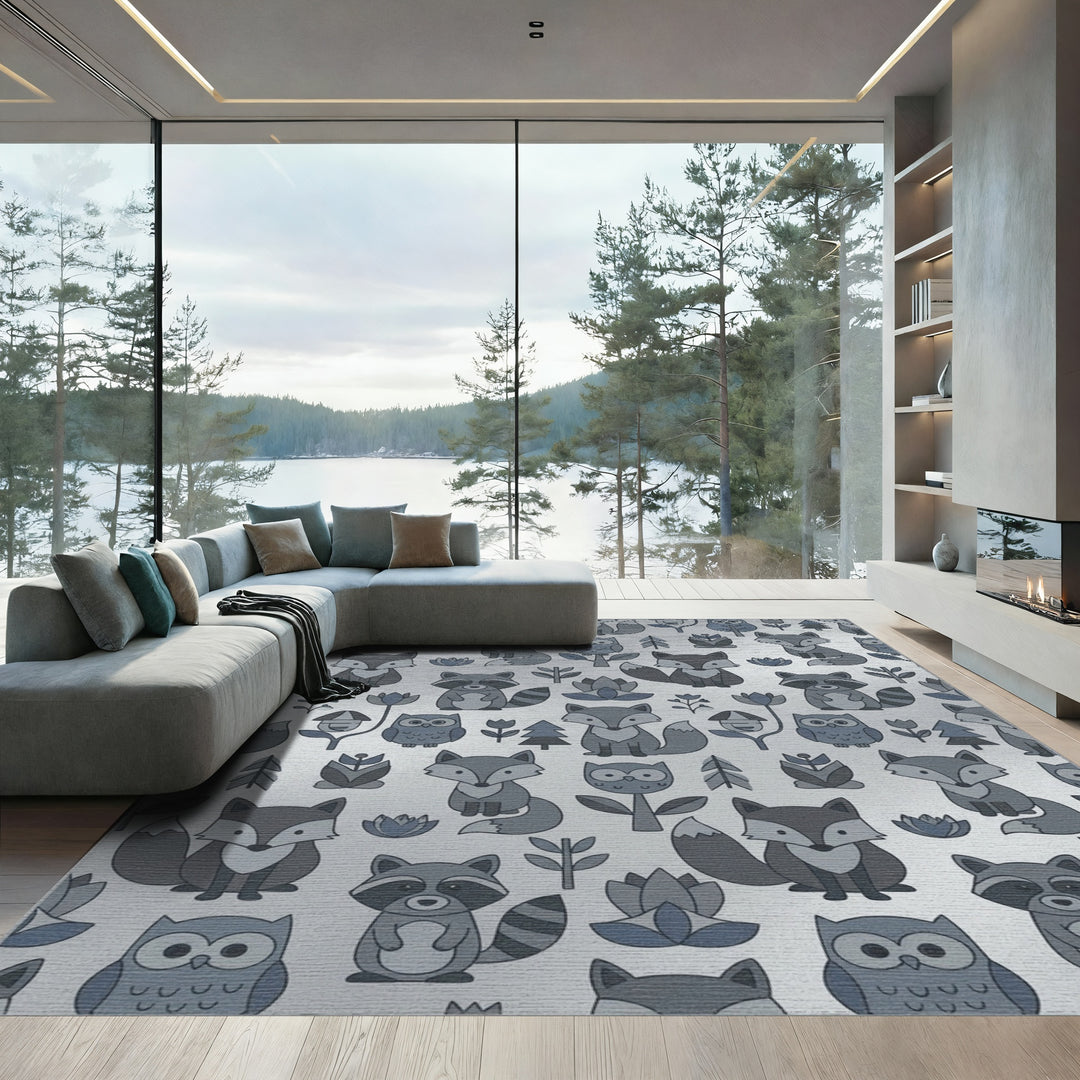 Gray Woodland Creatures Owl Fox Raccoon Rug