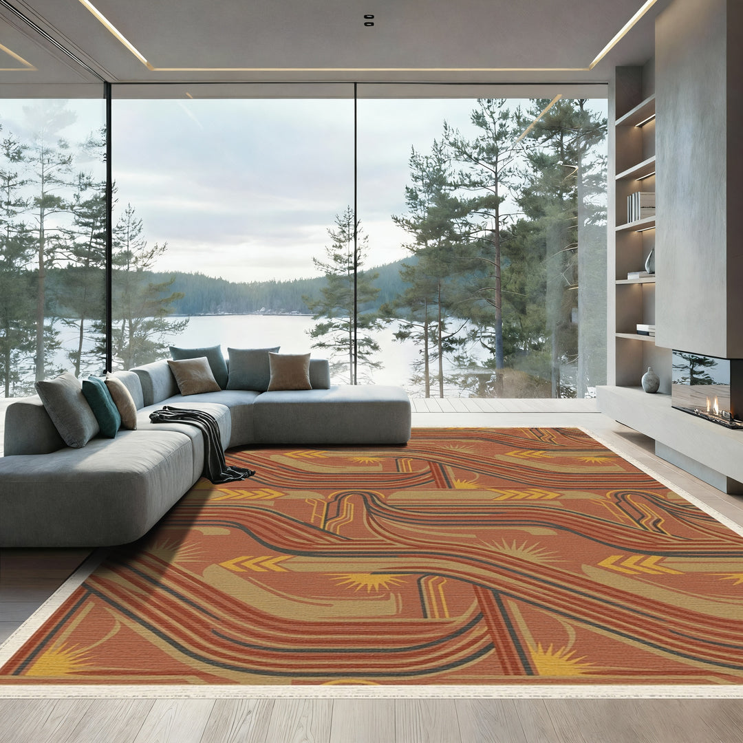 Terracotta Gold Yellow Abstract Stream Rug