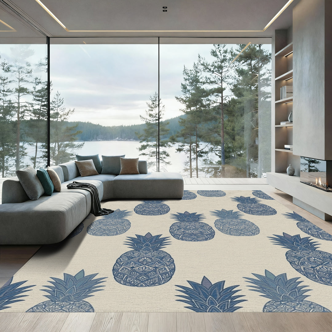 Navy Blue Ornate Pineapple Repeat Rug