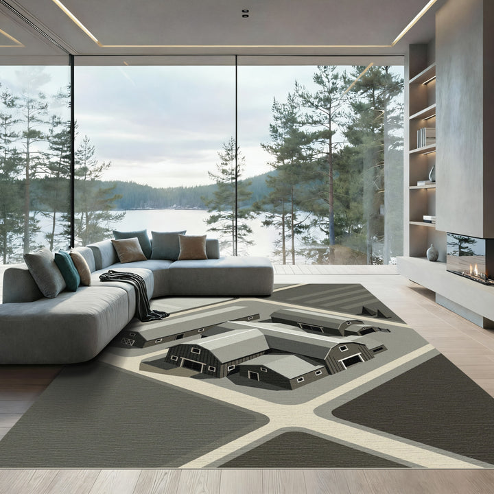 Monochromatic Farmhouse Isometric Composition Rug