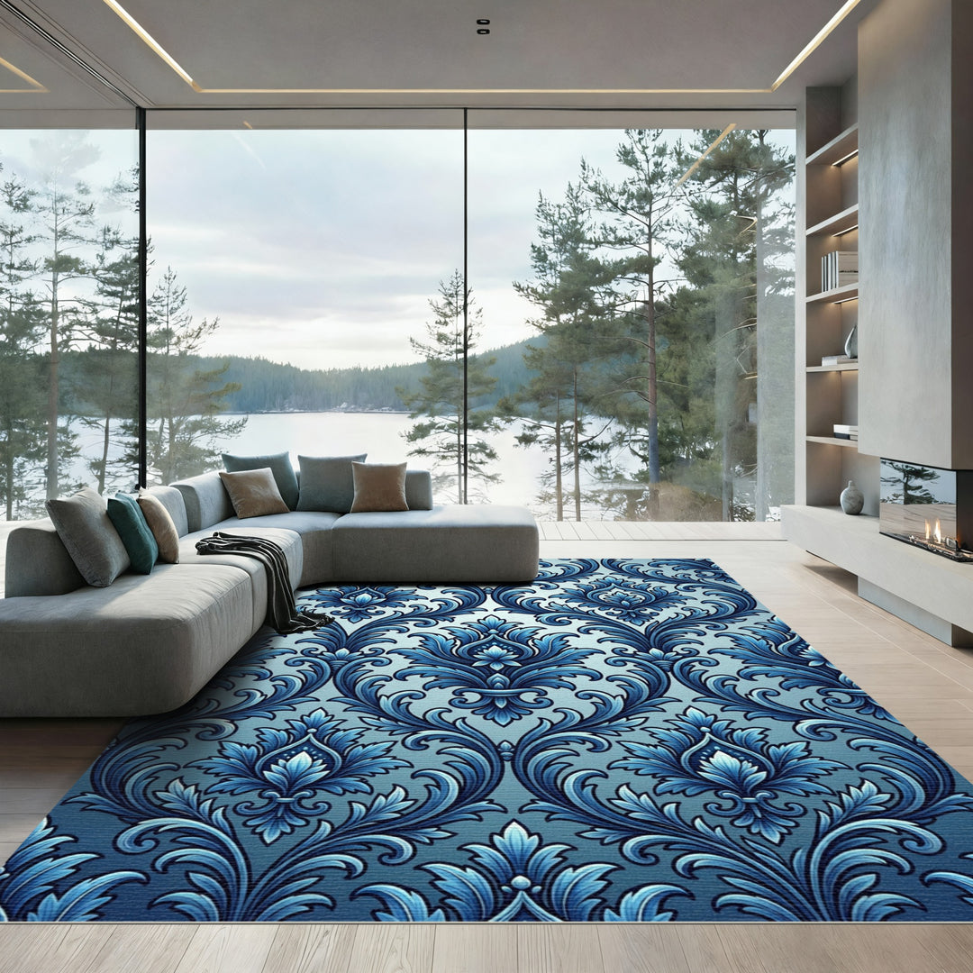 Deep Blue Vintage Floral Damask Rug