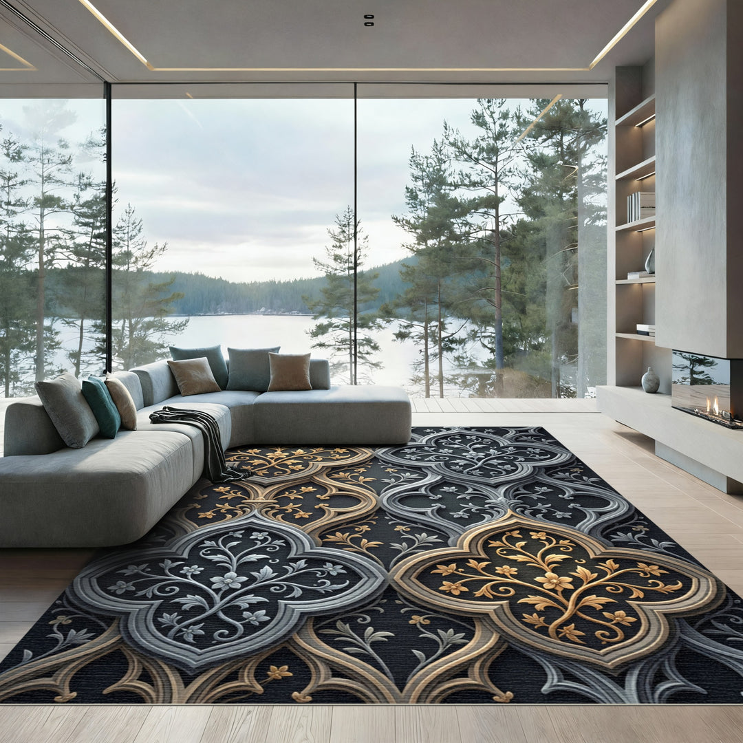 Ornate Gold Silver Floral Scrollwork Rug