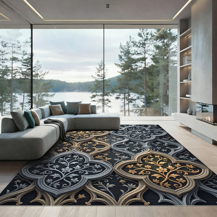 Ornate Gold Silver Floral Scrollwork Rug
