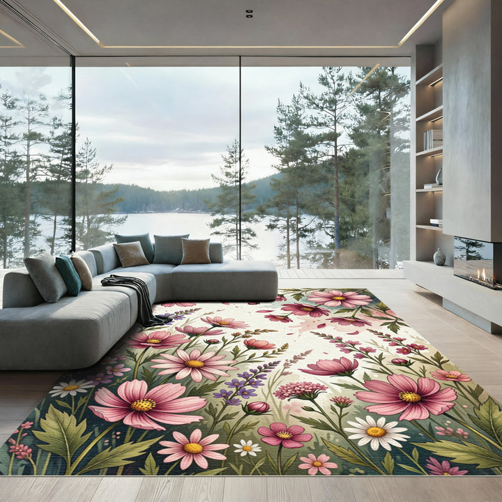 Vibrant Pink Cosmos Flower Garden Rug