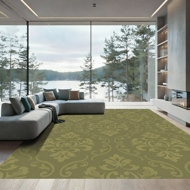 Olive Green Damask Scroll Rug