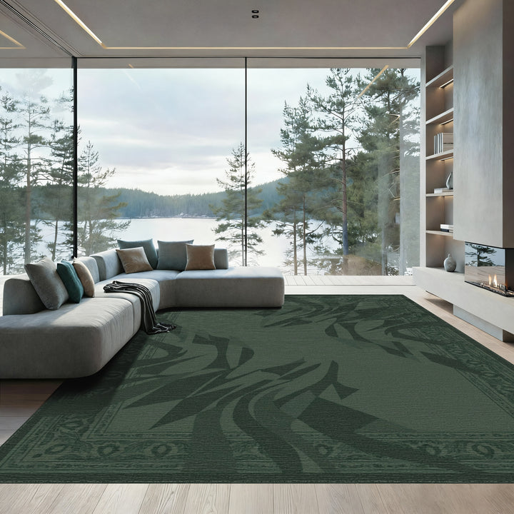 Deep Green Abstract Swirl Border Rug