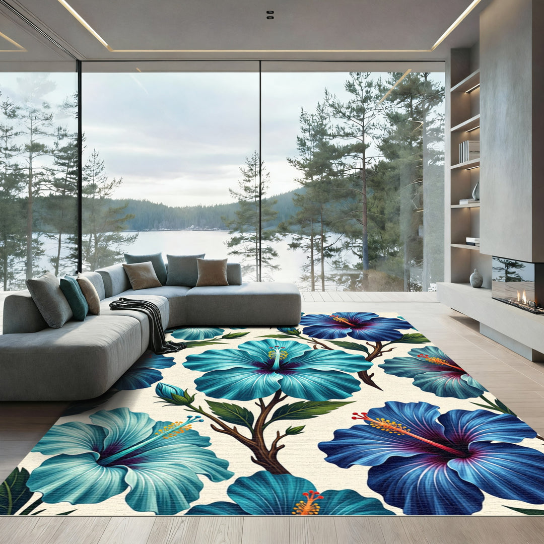 Vibrant Blue Hibiscus Floral Arrangement Rug