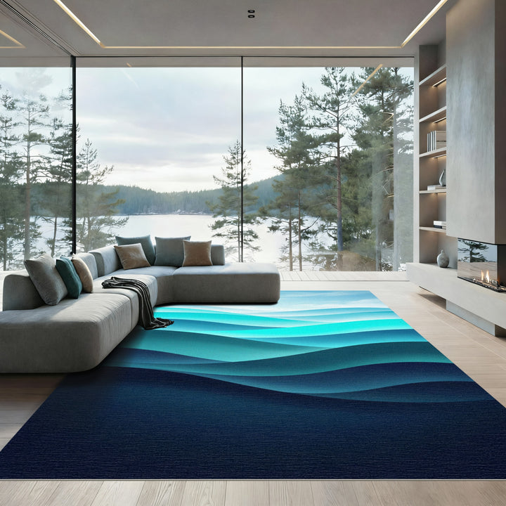 Ocean Wave Layers Teal Blue Rug