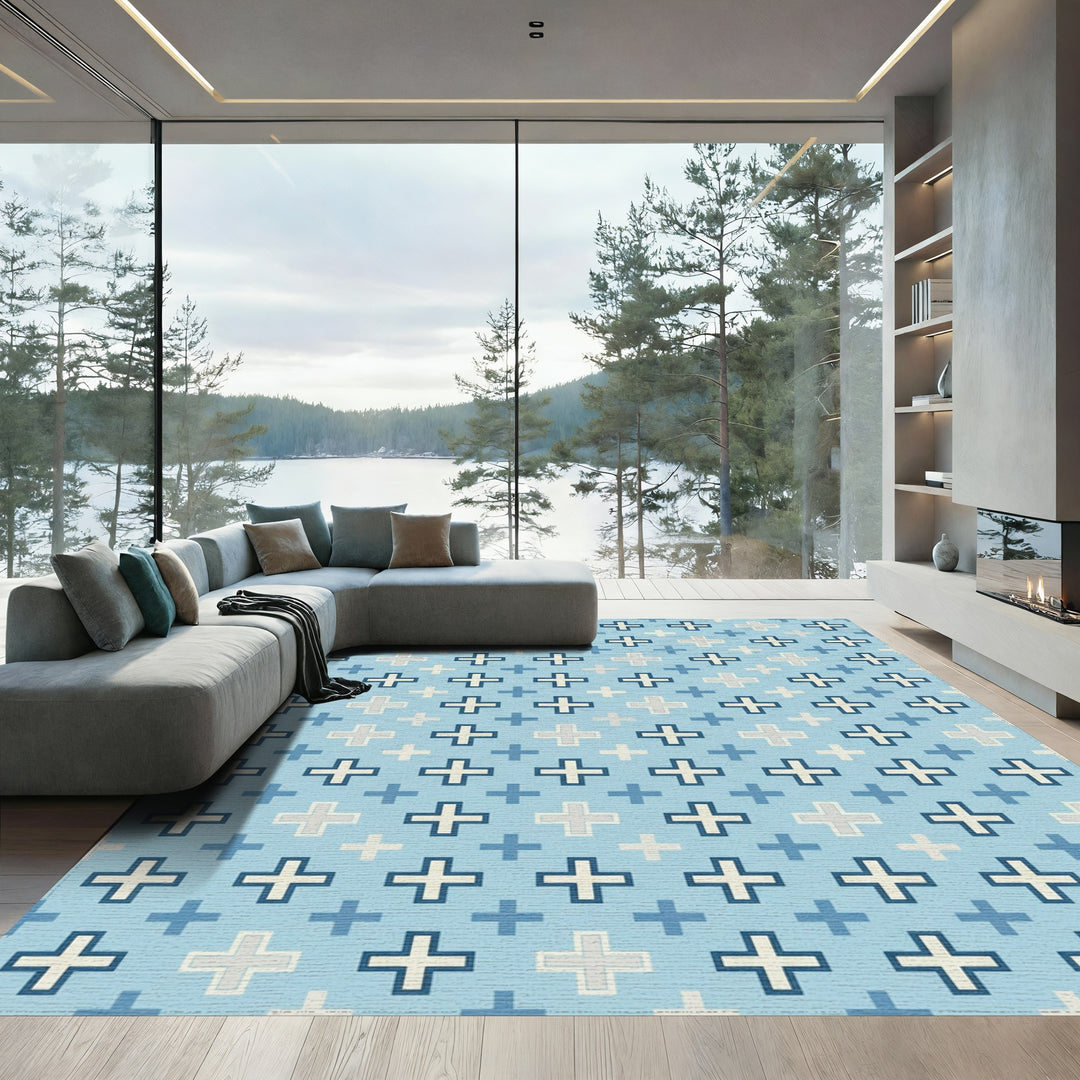 Sky Blue Cross Geometric Tile Rug