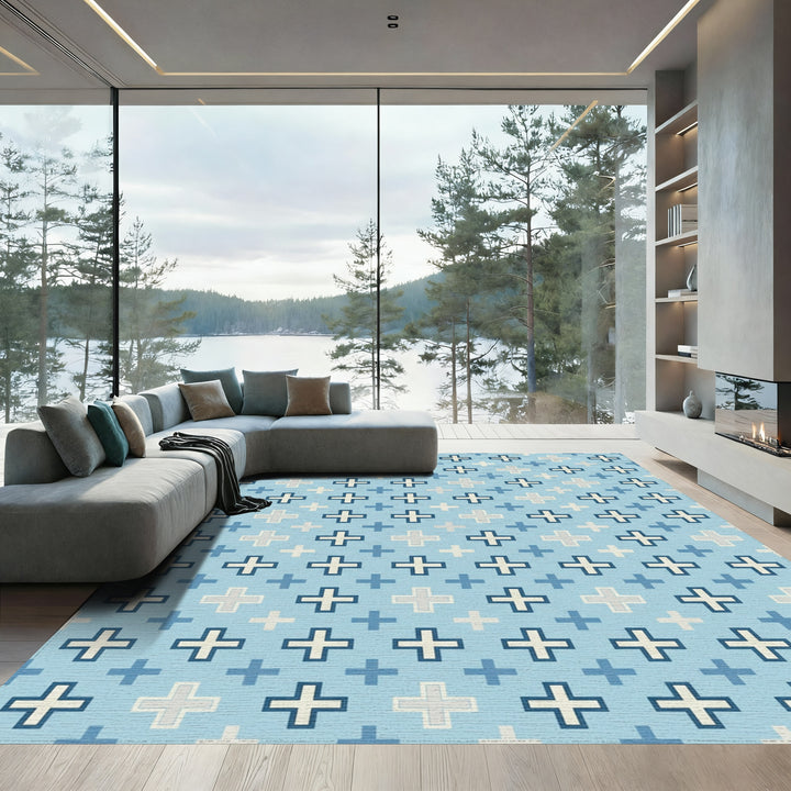 Sky Blue Cross Geometric Tile Rug