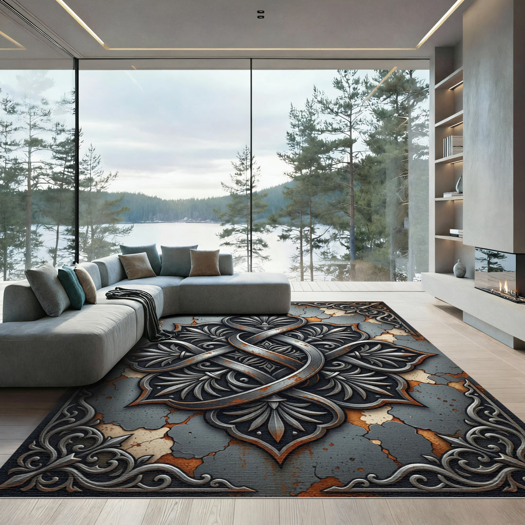 Ornate Embossed Quatrefoil Medallion Rug