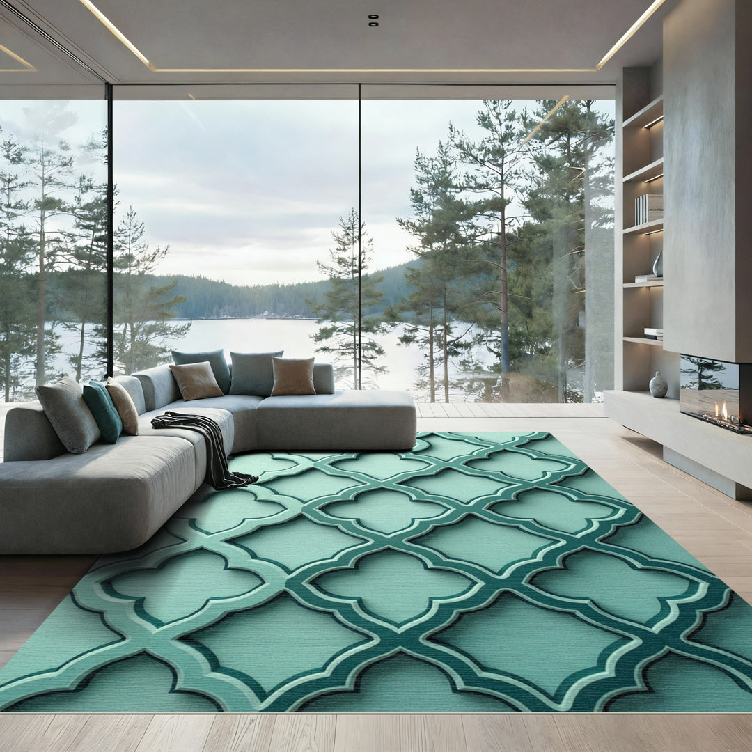 Teal Quatrefoil Lattice Relief Rug