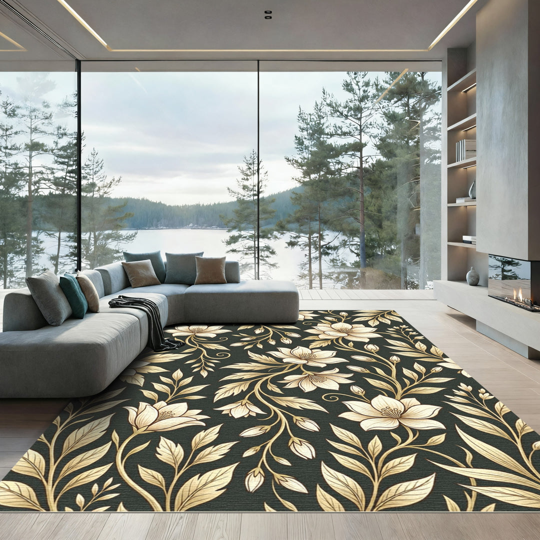 Golden Blossom Botanical Dark Area Rug