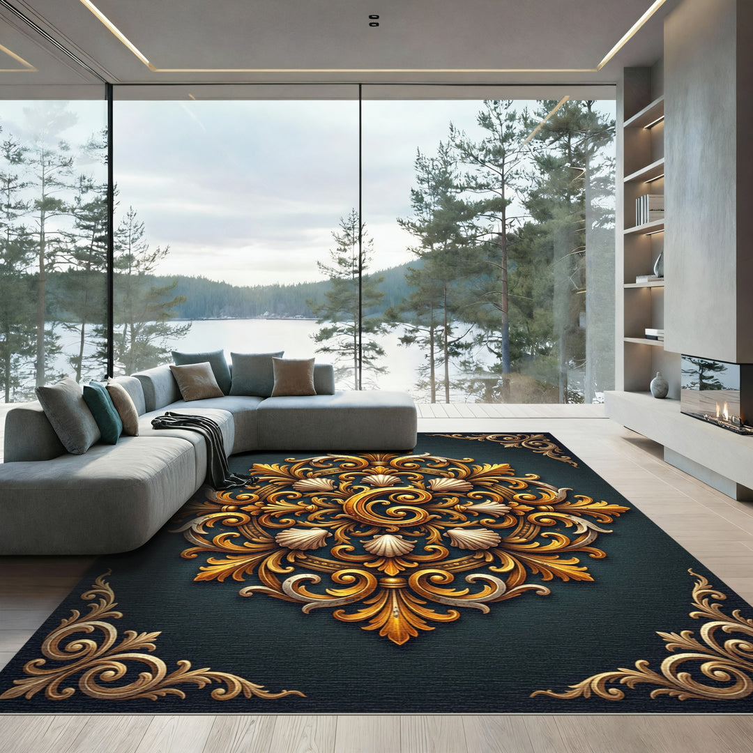 Ornate Gold Scallop Mandala Rug