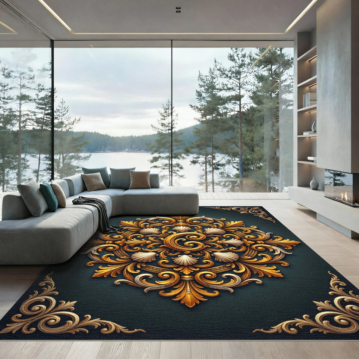 Ornate Gold Scallop Mandala Rug