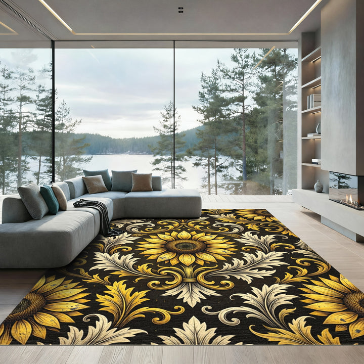 Golden Sunflower Baroque Swirl Rug